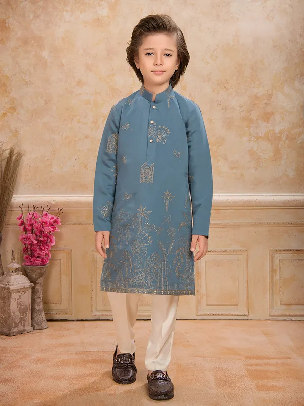 Stone blue resham work cotton silk kurta suit
