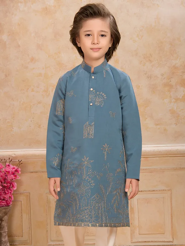Stone blue resham work cotton silk kurta suit