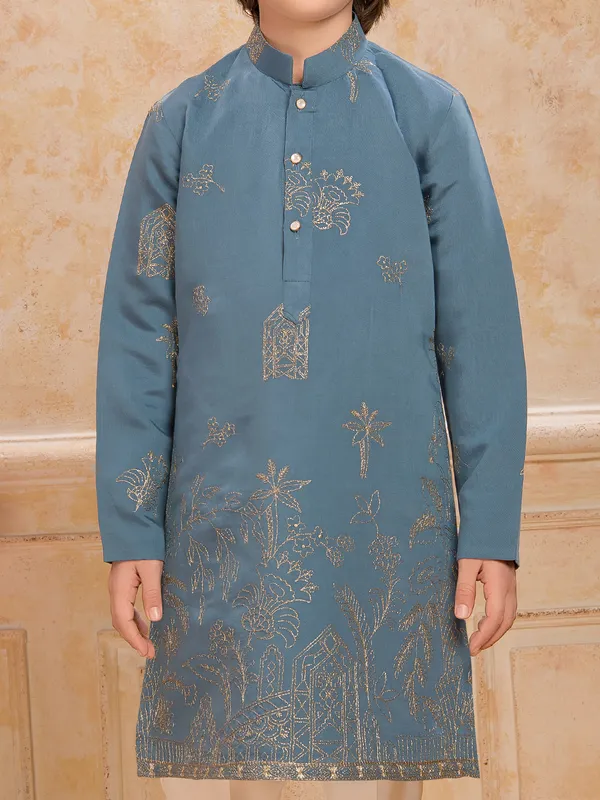 Stone blue resham work cotton silk kurta suit