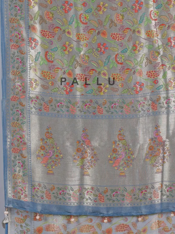 Stone blue shimmer dola silk saree with zari and print