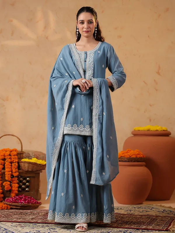 Stone blue silk embroidered pakistani sharara set