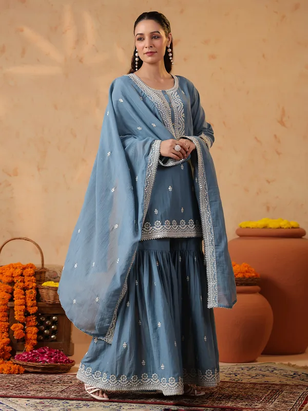 Stone blue silk embroidered pakistani sharara set