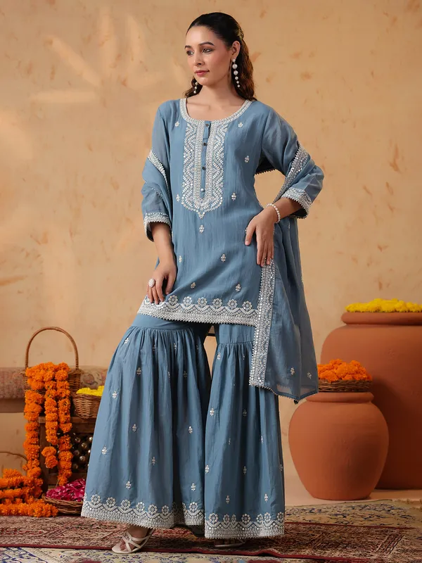 Stone blue silk embroidered pakistani sharara set