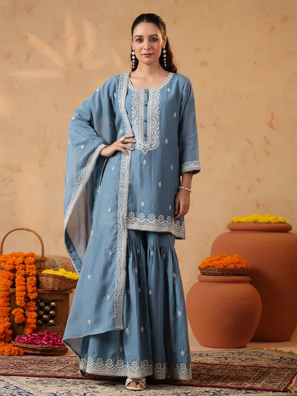 Stone blue silk embroidered pakistani sharara set