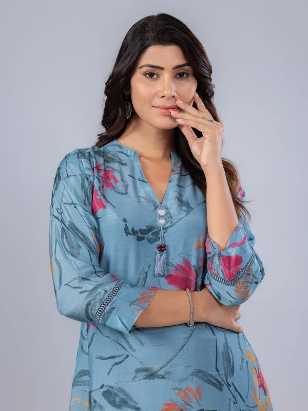 Stone blue silk printed kurti set for women casual wear