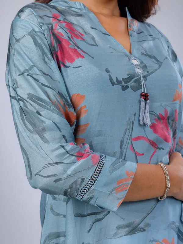 Stone blue silk printed kurti set for women casual wear