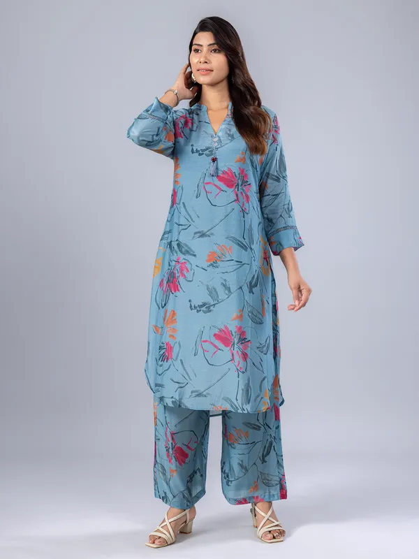 Stone blue silk printed kurti set for women casual wear