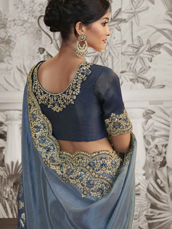 Stone blue silk saree with embroidery