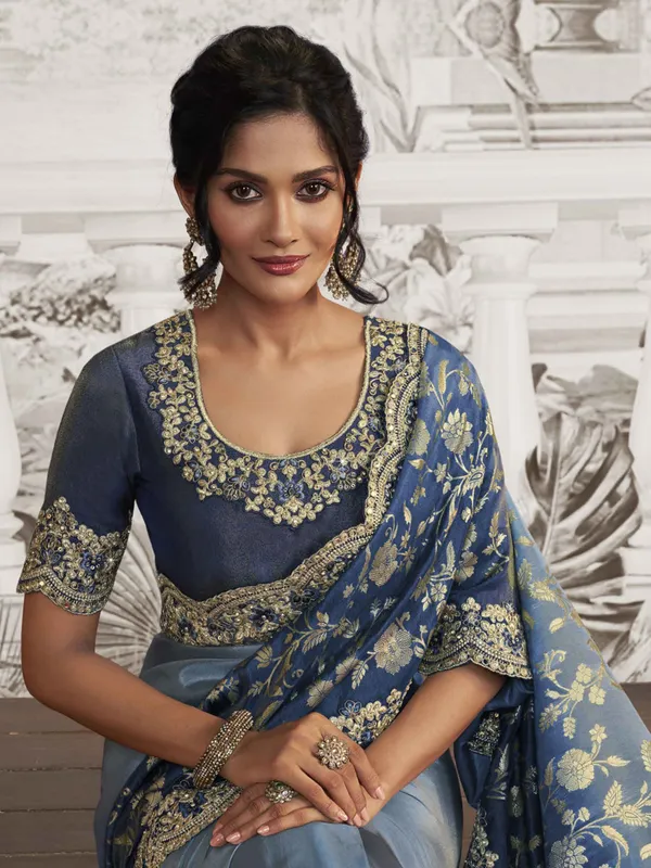 Stone blue silk saree with embroidery