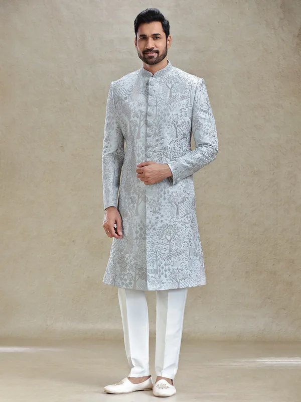 Stone blue silk sherwani in silver embroidery pattern