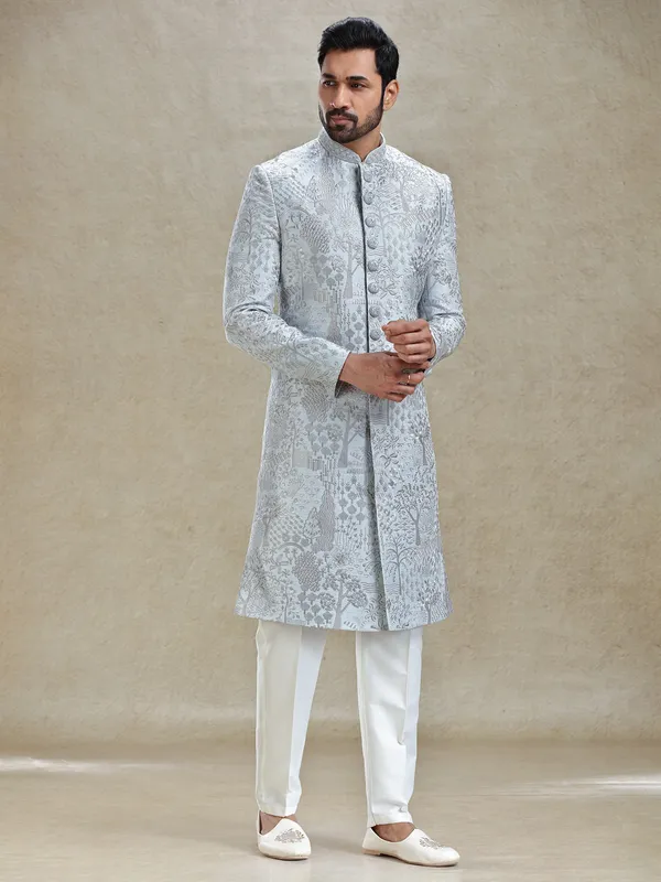 Stone blue silk sherwani in silver embroidery pattern