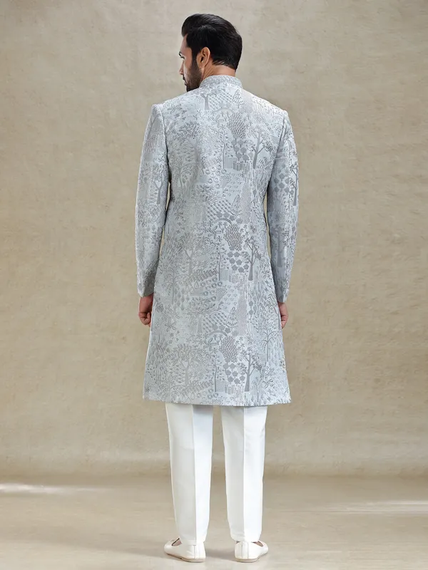Stone blue silk sherwani in silver embroidery pattern