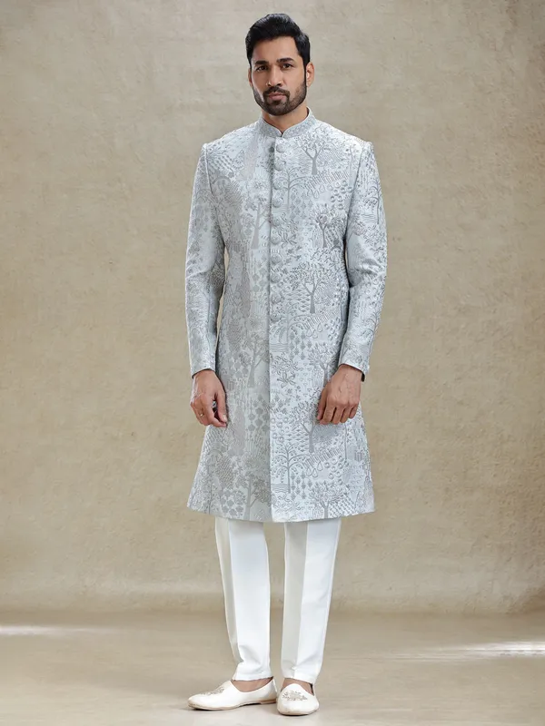 Stone blue silk sherwani in silver embroidery pattern