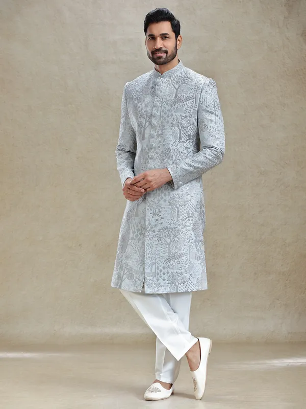 Stone blue silk sherwani in silver embroidery pattern