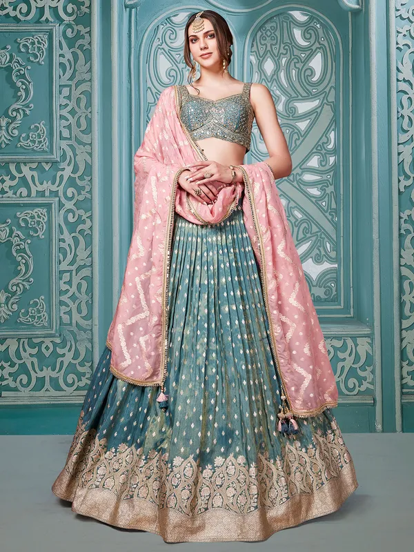 Stone blue silk wedding lehenga choli