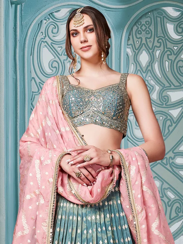 Stone blue silk wedding lehenga choli