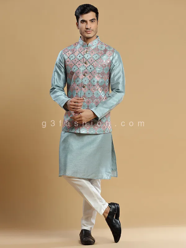 Stone blue silk wedding wear waistcoat set