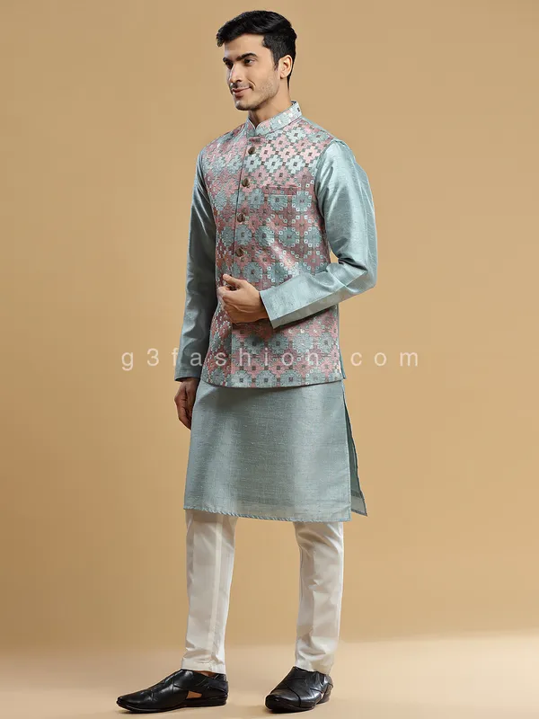 Stone blue silk wedding wear waistcoat set