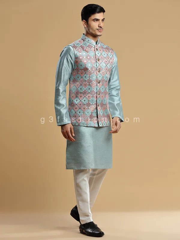 Stone blue silk wedding wear waistcoat set