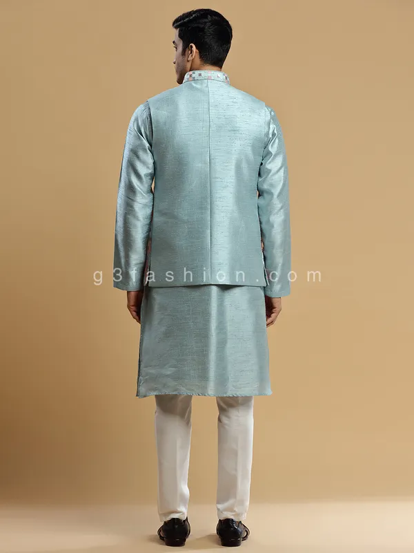 Stone blue silk wedding wear waistcoat set
