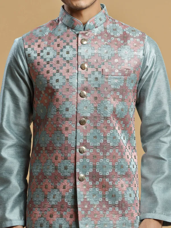 Stone blue silk wedding wear waistcoat set