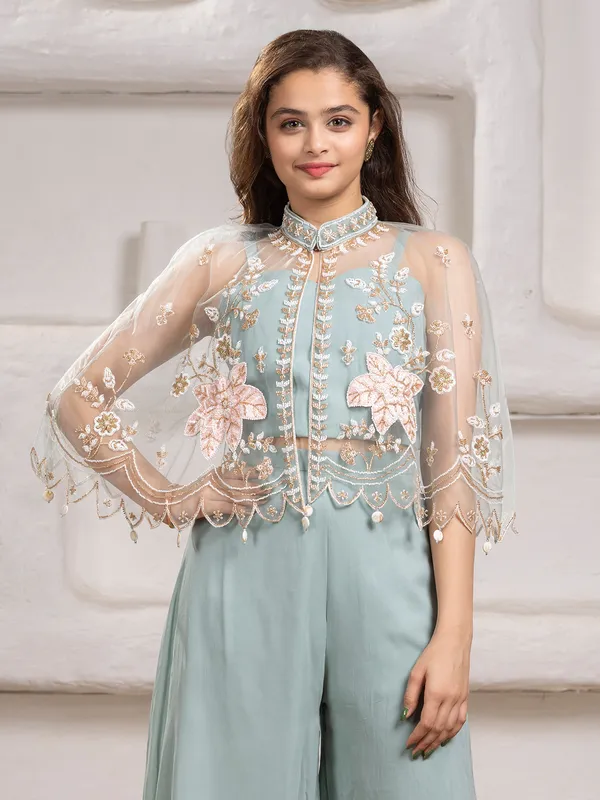 Stone blue silk with jacket designer suit