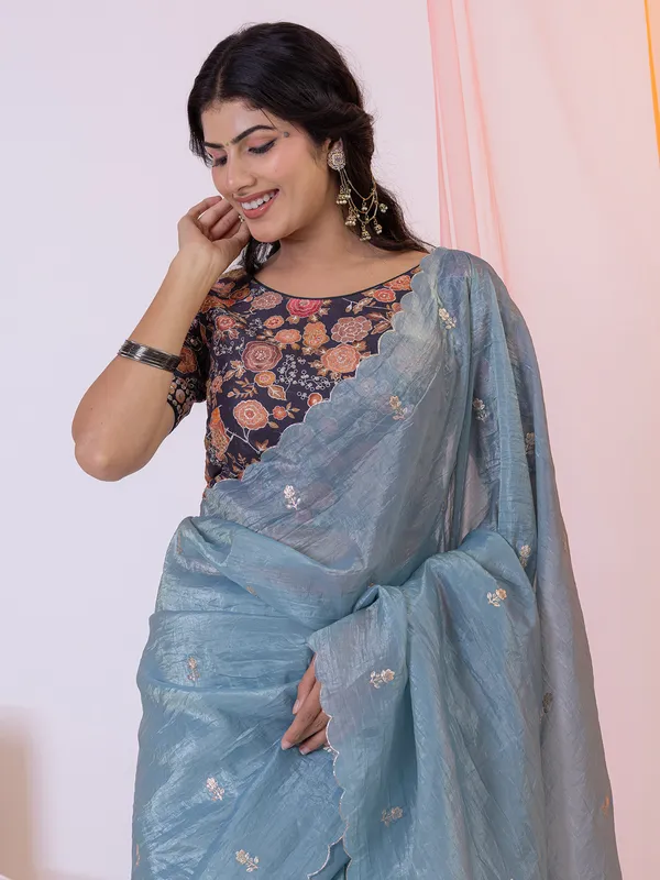 Stone blue tissue silk saree for festival