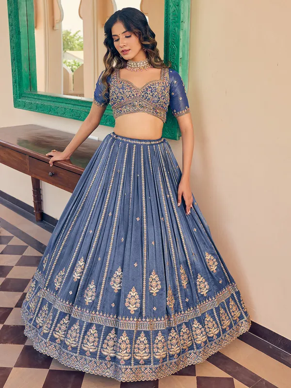 Stone blue velvet wedding lehenga choli