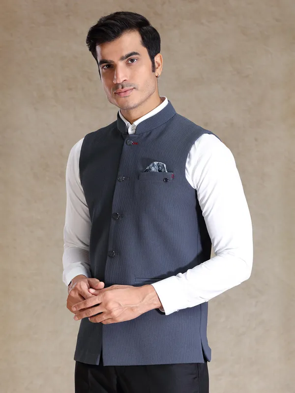 Stone grey bandhgala jacket for men