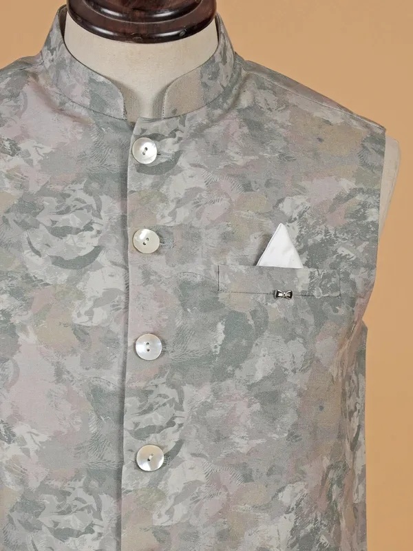 Stone grey cotton printed waistcoat for men