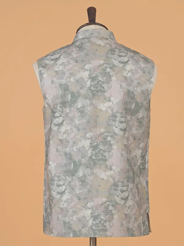 Stone grey cotton printed waistcoat for men