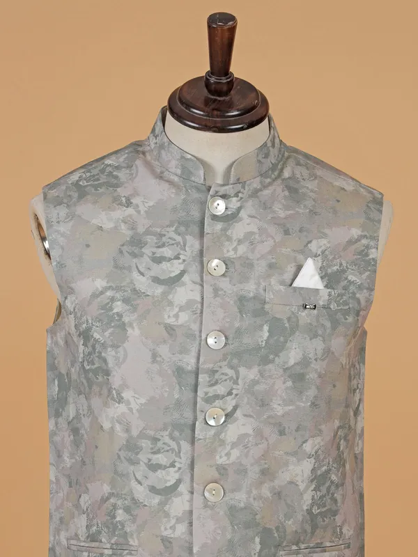Stone grey cotton printed waistcoat for men