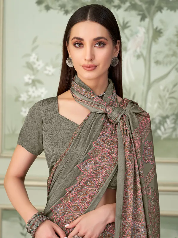 Stone grey crepe saree with print