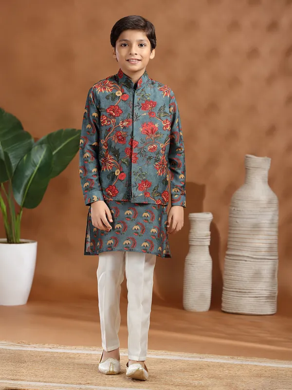 Stone grey raw silk beads printed waistcoat set