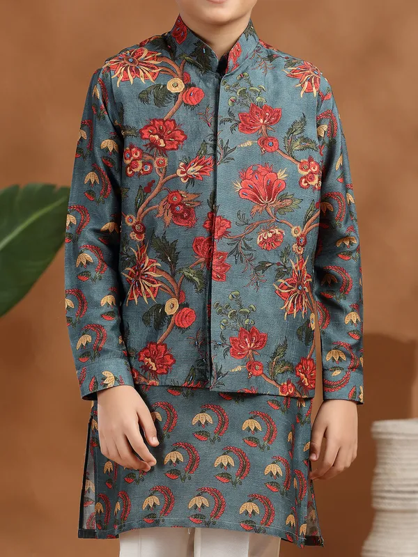 Stone grey raw silk beads printed waistcoat set