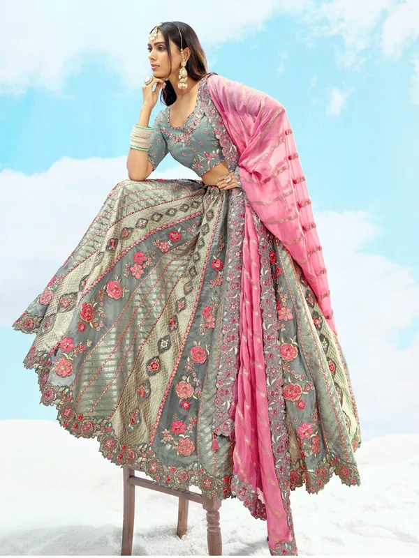 Stone grey silk lehenga choli for wedding