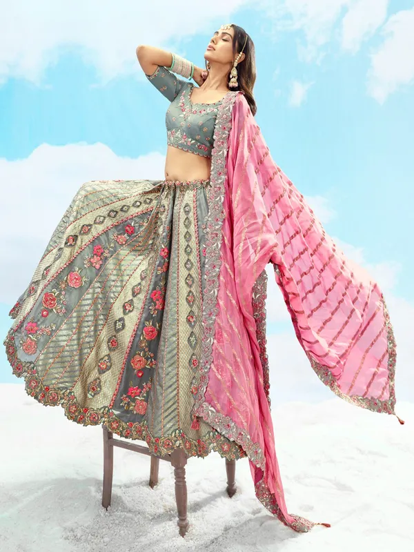 Stone grey silk lehenga choli for wedding