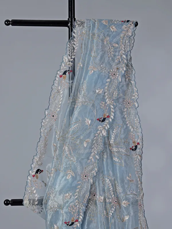 Stone grey tissue silk saree with diamond work