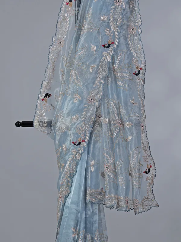 Stone grey tissue silk saree with diamond work