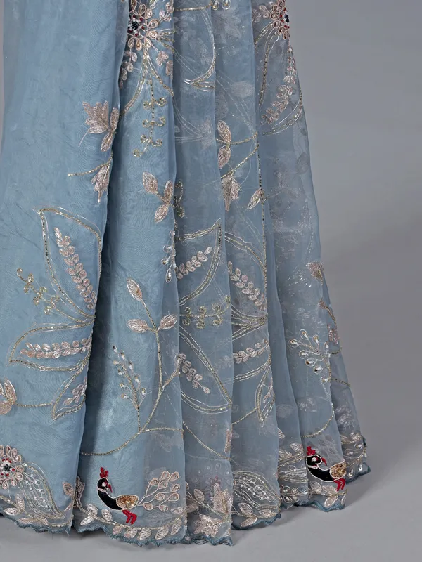 Stone grey tissue silk saree with diamond work