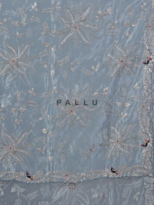 Stone grey tissue silk saree with diamond work