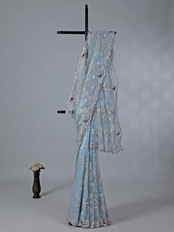 Stone grey tissue silk saree with diamond work