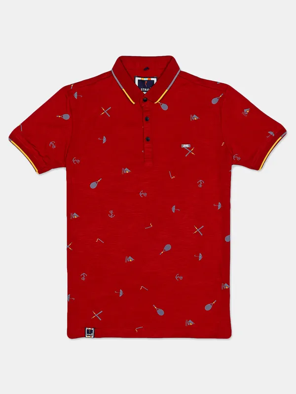 Stride cotton maroon slim fit printed t shirt