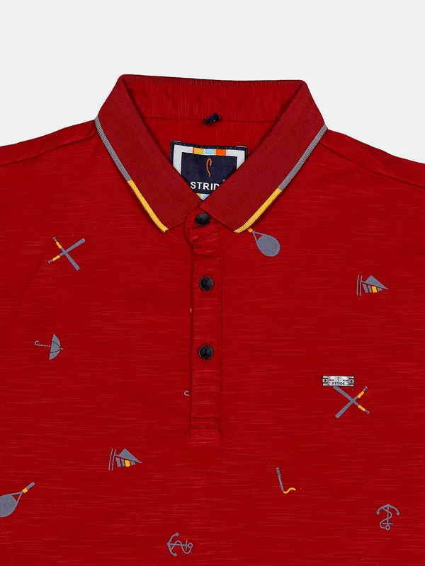 Stride cotton maroon slim fit printed t shirt