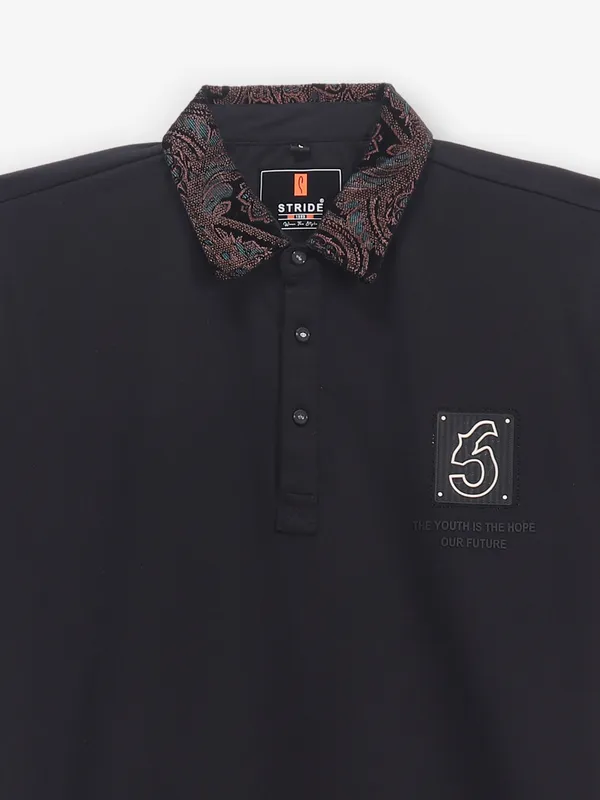 STRIDE plain black cotton polo t-shirt