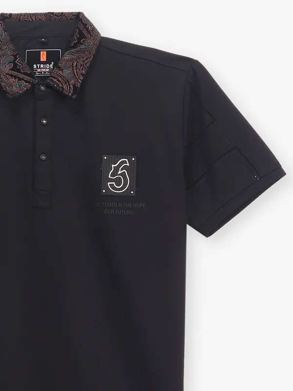 STRIDE plain black cotton polo t-shirt