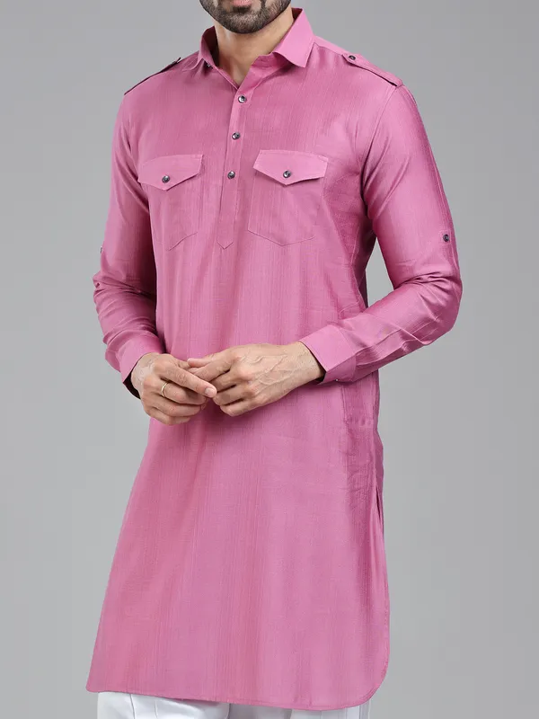 Striking elegant dark pink pathani suit for men