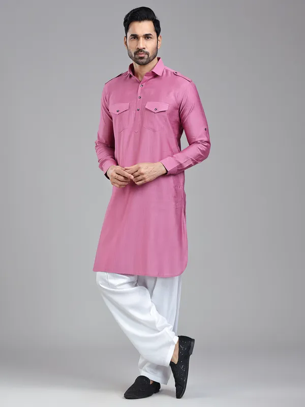 Striking elegant dark pink pathani suit for men