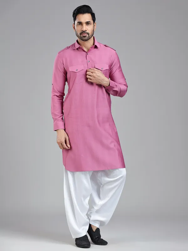 Striking elegant dark pink pathani suit for men