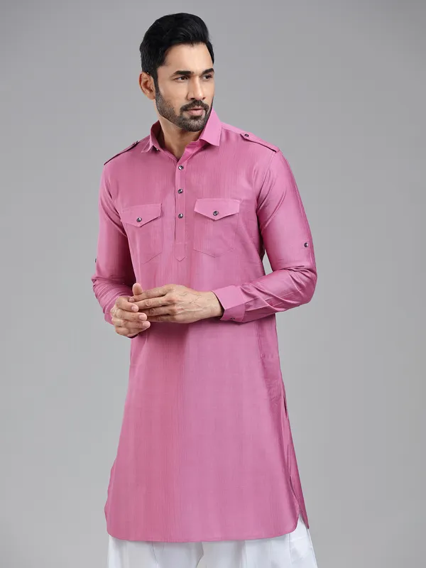 Striking elegant dark pink pathani suit for men